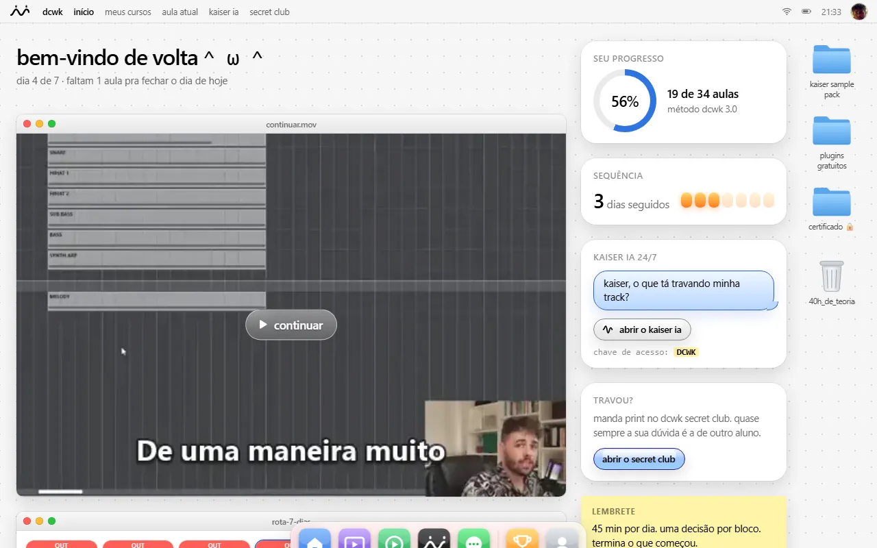 Área de membros do Método DCWK: rota de 7 dias, progresso, Kaiser IA e Secret Club